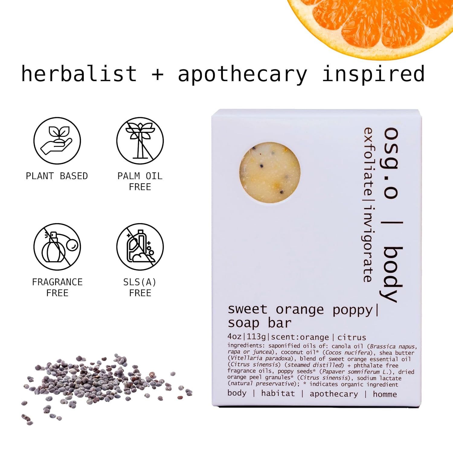 Natural Organic Soap Bar with Sweet Orange and Poppy for Face and Body